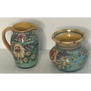 Vintage Signed by Artist Sandy Kreyer Pottery Vases set of 2 Cottage Core Floral